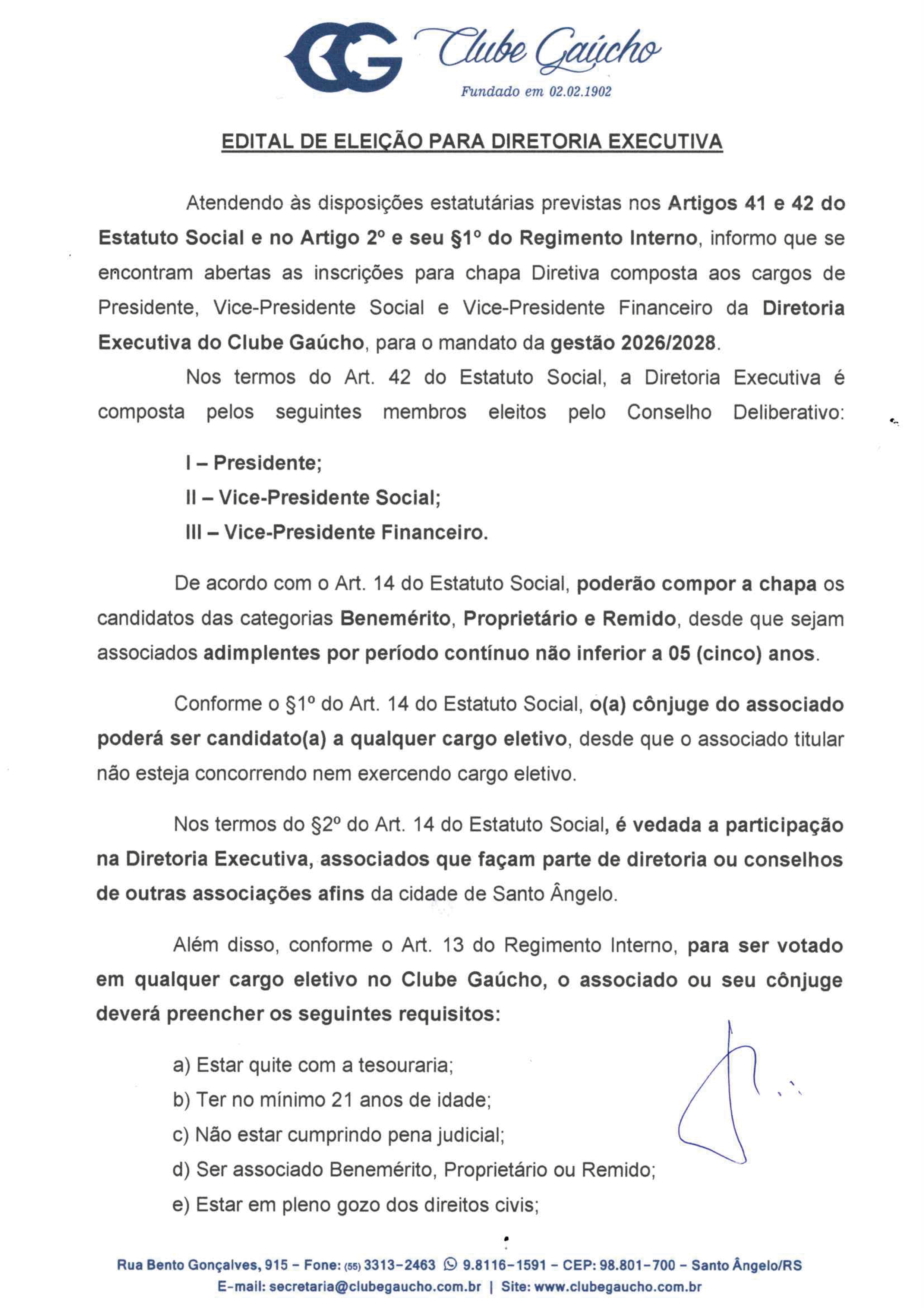 Edital de Eleição Diretoria Executiva 2026/2028